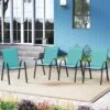 Tangkula Set Of 4 Stackable Patio Chairs All Weather Resistant Breathable & Quick-Dry Fabric Outdoor Dining Chairs W/Armrests Turquoise Blue