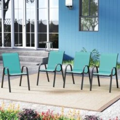 Tangkula Set Of 4 Stackable Patio Chairs All Weather Resistant Breathable & Quick-Dry Fabric Outdoor Dining Chairs W/Armrests Turquoise Blue