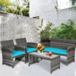 Tangkula 4-Piece Outdoor Patio Furniture Set Rattan Wicker Conversation Sofa Set W/Cushions Turquoise -Tangkula GUEST 173d2c1a b5a4 448e 9b10 7510d032486a
