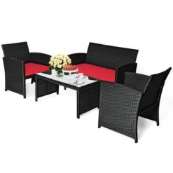 Tangkula 4 Piece Outdoor Patio Rattan Furniture Set Red Cushioned Seat For Garden, Porch, Lawn -Tangkula GUEST 17662043 d601 4228 b832 219f1d925f5f