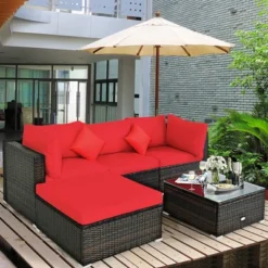 Tangkula 5PCS Rattan Sectional Sofa Set Patio Furniture Set W/ Red Cushion Pillow -Tangkula GUEST 184326cd 3280 4489 8259 7fe962cef7f8