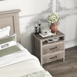 Tangkula Nightstand W/ 2 Drawers Farmhouse Bed Side Table W/ Open Storage Shelf