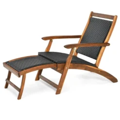Tangkula 2PCSPatio Folding Rattan Chaise Lounge Chair Acacia Wooden Frame W/ Retractable Footrest For Poolside&Patio -Tangkula GUEST 18c782fd dc92 4a88 a63e c9e043994b59