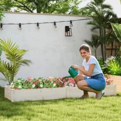 Tangkula Wooden Raised Garden Bed W/ 2 Planter Boxes Divider Open-Ended Base For Flower