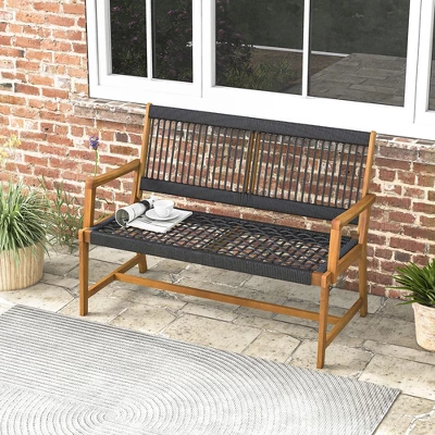 Tangkula Patio 2-Person Acacia Wood Bench All-Weather Rope Woven Outdoor Garden Natural 3 Tangkula Patio 2-Person Acacia Wood Bench All-Weather Rope Woven Outdoor Garden Natural