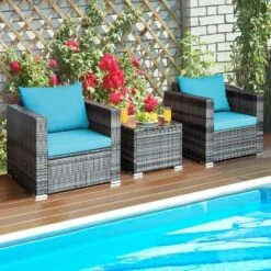Tangkula 3PCS Rattan Patio Conversation Furniture Set Outdoor Yard W/ Turquoise Cushion