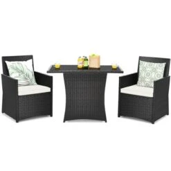 Tangkula 3PCS Patio Rattan Dining Set Space-Saving Furniture Set With Tempered Glass Top Table And Cushioned Chairs -Tangkula GUEST 198393ab 8034 4fda 9b4c 1d47fd3e37fd