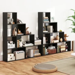 Tangkula 2PCS 4-Tier Bookshelf W/6 Storage Cubes 64" Tall Modern Geometric Stair Bookcase