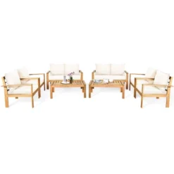Tangkula 8PCS Patio Acacia Wood Conversation Furniture Set W/ Off White Cushions -Tangkula GUEST 1c811240 1f4a 4bae ac70 e5d403a50189