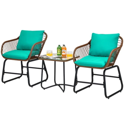 Tangkula 3 Pieces Outdoor Furniture Set Patio Bistro Set W/2 Armchairs & Tempered Glass Table White/Turquoise/Red 4 Tangkula 3 Pieces Outdoor Furniture Set Patio Bistro Set W/2 Armchairs & Tempered Glass Table White/Turquoise/Red - Image 2