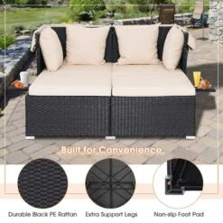 Tangkula Outdoor Wicker Lounge Daybed Hand-Woven PE Rattan Patio Loveseat Sofa Set With Retractable Canopy & 2 Side Tables With Soft Cushions Beige -Tangkula GUEST 1e60355d 8aa0 49eb 8852 51cbdc05b628