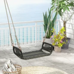 Tangkula 33 Tangkula 1-Person Rattan Porch Swing Single Swing Chair Bench W/ Hanging Hemp Ropes Outdoor
