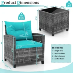 Tangkula 3 Pieces Patio Bistro Set Outdoor PE Rattan Conversation Chair Set With Tempered Glass Side Table And Removable Cushions Turquoise -Tangkula GUEST 207601c2 222d 4c66 983a d27d520c240f