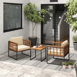 Tangkula 3 Pieces Patio Furniture Set Acacia Wood Bistro Conversation Set W/ 2 Cushioned Chairs Beige -Tangkula GUEST 208f1592 f6e0 4395 9dc9 485edf728c73