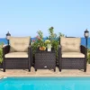 Tangkula 3PCS Wicker Cushioned Conversation Set Outdoor Rattan Furniture W/Beige/Red/Black/Navy/Off White/Turquoise Cushions