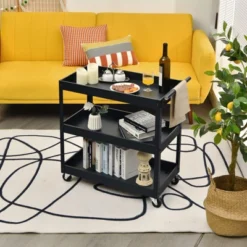 Tangkula 3-Tier Rolling Cart Storage Organizer Metal Utility Cart W/Wheels For Kitchen Library Office Black