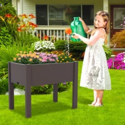 Tangkula Raised Bed Grow Box 53L Self-Watering Planter Box Stand W/ Water Level Monitor Water Drainage Hole Detachable Crossbar Coffee/White