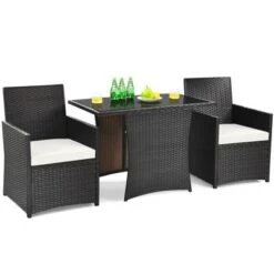 Tangkula 3PCS Patio Rattan Dining Set Space-Saving Furniture Set With Tempered Glass Top Table And Cushioned Chairs -Tangkula GUEST 22380dfb 26c7 4fa3 af59 fea7caebc707