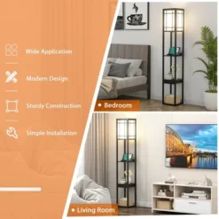 Tangkula Modern Shelf Floor Lamp With Shelves And Drawer, 1 Power Outlet And 2 USB Ports, Standing Floor Lamp Black -Tangkula GUEST 226364ef 1c05 40a6 bf22 ab77b5c04938