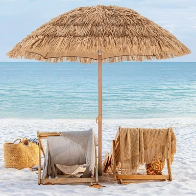 Tangkula 6.5Ft Tiki Beach Umbrella With Base Hawaiian Style PP Grass With Tilt Adjustment 8 Ribs Thatched With Carry Bag For Garden & Pool Natural 5 Tangkula 6.5Ft Tiki Beach Umbrella With Base Hawaiian Style PP Grass With Tilt Adjustment 8 Ribs Thatched With Carry Bag For Garden & Pool Natural - Image 3