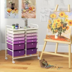 Tangkula 12 Drawers Rolling Storage Cart Classroom Organizers With Wheels For Tools Scrapbook Craft Paper Purple