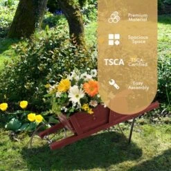 Tangkula Flower Pot Wheelbarrow Planter Solid Pine Wood Wagon Planter W/ Triangular Metal Support 2 Energy-saving Handles Movable Whee Walnut/Red -Tangkula GUEST 22a25535 98ba 4d10 b22d a481b21950ac