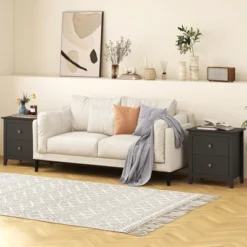 Tangkula 2PCS Modern Nightstand W/ Storage 2 Drawers & Support Legs For Bedroom Black