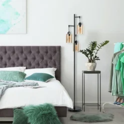 Tangkula 3 Lights Floor Lamp Retro Floor Lamp With 3-Head Hanging Amber Glass Shade Foot Switch Metal Base Industrial Floor Lamp Black -Tangkula GUEST 23cff6ab 9666 42c5 ac54 7df6848eff65