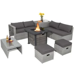 Tangkula 9 Pieces Outdoor Patio Furniture Set W/ 32" Propane Fire Pit Table Sectional Sofa Set W/ Storage Box Black/Gray/Navy/Red/Turquoise/Off White -Tangkula GUEST 23db75c8 aa70 4e24 9af2 b1881e5f0630