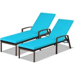 Tangkula 2PCS Patio Rattan Wicker Lounge Chair Back Adjustable Recliner Chaise W/Turquoise Cushion -Tangkula GUEST 241fc967 128a 4628 ae3a 98a354477a47