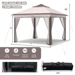 Tangkula 11 X 11 Ft Pop Up Gazebo 2-Tier Patio Canopy Tent Shelter W/ Carrying Bag Beige/Brown