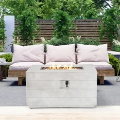 Tangkula 43" Rectangular Concrete Propane Fire Pit Table W/ Lava Rocks Cover 50,000 BTU