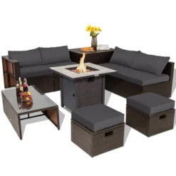 Tangkula 9 PCS Outdoor Patio Furniture Set W/ 30" Propane Fire Pit Table PE Wicker Space-Saving Sectional Sofa W/ Storage Box And Cushions Black/Gray/Navy/Red/Turquoise/Off White 26 Tangkula 9 PCS Outdoor Patio Furniture Set W/ 30" Propane Fire Pit Table PE Wicker Space-Saving Sectional Sofa W/ Storage Box And Cushions Black/Gray/Navy/Red/Turquoise/Off White -Tangkula GUEST 256554c0 edc4 4364 9d04 2dc674b71ea6