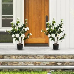 Tangkula 2-Pack 38" Artificial Camellia Tree Faux Floral Plant For Decoration White