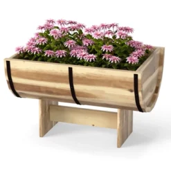 Tangkula 1/2 Pack Rustic Half Barrel Planters Wooden Flower Boxes With Acacia Wood Frame -Tangkula GUEST 28abd137 125d 44f9 b9ad 9f903383c853