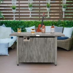 Tangkula 43’’ Propane Fire Pit Table 50,000 BTU Outdoor Propane Gas Fire Table W/ Wood Grain Tabletop Hideaway Tank Storage