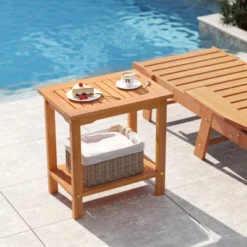 Tangkula Outdoor Acacia Wood Side Table 2-Tier Patio End Table W/ Slatted Tabletop