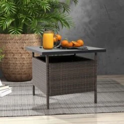 Tangkula Outdoor Wicker Table Rattan Coffee Table W/ Umbrella Insert Hole PE Tabletop & Sturdy Metal Frame