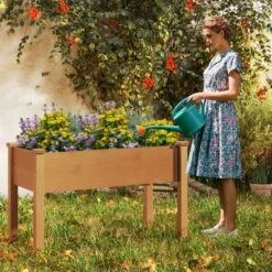 Tangkula Raised Garden Bed Elevated Fir Wood Planter Box W/ Drain Hole Garden Planter