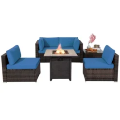 Tangkula 6 PCS Patio Wicker Furniture Set With 30" Gas Fire Pit Table 50,000 BTU Black/Red/Turquoise/Navy/White Cushions -Tangkula GUEST 2c27aecc f3df 4b4d b87e cbee857d5d76