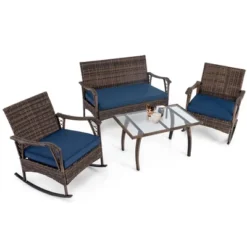 Tangkula Set Of 4 Wicker Rocking Set 2 Patio Rattan Rocker Chairs W/Loveseat & Coffee Table Heavy-Duty Metal Frame & Bungee Rope Seat Navy -Tangkula GUEST 2c82afdc f17c 4957 94f3 3c794230296d
