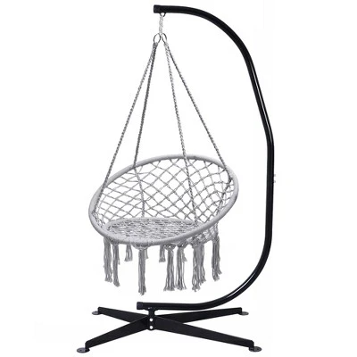 Tangkula Hammock Chair Hanging Cotton Rope Macrame Swing Chair W/ Stand Gray 12 Tangkula Hammock Chair Hanging Cotton Rope Macrame Swing Chair W/ Stand Gray - Image 10