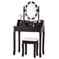 Tangkula Make-Up Vanity Table Dresser Set W/LED Light, Black Brown White -Tangkula GUEST 2d4794fc eee8 4247 b3eb 321febaf41ed