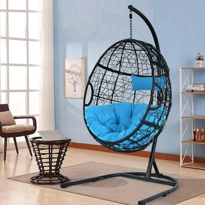 Tangkula Hanging Hammock Chair Egg Swing Chair W/ Blue Cushion Pillow Stand 3 Tangkula Hanging Hammock Chair Egg Swing Chair W/ Blue Cushion Pillow Stand