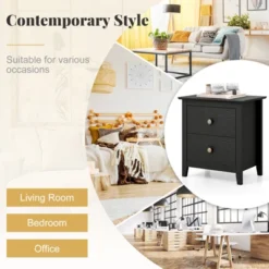 Tangkula 2PCS Modern Nightstand W/ Storage 2 Drawers & Support Legs For Bedroom Black -Tangkula GUEST 2de158e7 eb98 4eaf 8616 67bce0cca163