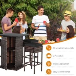 Tangkula 5PCS Patio Rattan Bar Table Stool Set Hidden Storage Shelf Cushion Red Patio Black -Tangkula GUEST 2e0513c7 a00d 4454 b19a e69736b49b09