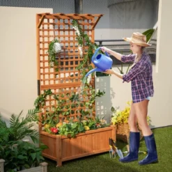 Tangkula Raised Garden Bed With Trellis Indoor & Outdoor Plant Container With Hanging Roof Drainage Holes For Climbing Vines Flowers