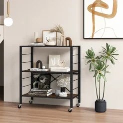 Tangkula 3-Tier Folding Shelf Free DIY Design Shelving Unit W/ 4 Universal Wheels Kitchen
