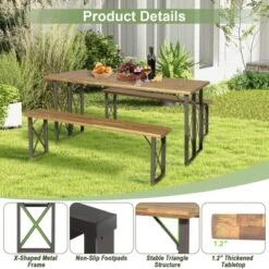 Tangkula 3 Piece Patio Picnic Table Bench Set, Outdoor Camping Table Set W/ Acacia Wood Tabletop & Seat 2” Umbrella Hole -Tangkula GUEST 2fa01938 8504 46c0 a799 7553db8510c1