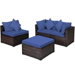 Tangkula 4PCS Rattan Patio Conversation Furniture Set Yard Outdoor W/ Navy Cushion -Tangkula GUEST 30224015 fe80 4139 9457 9bb68b626055